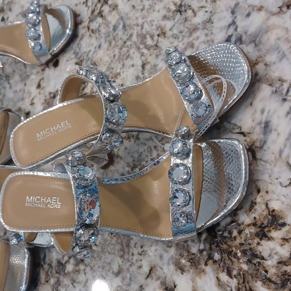 Michael Kors Silver Snakeprint 2 Strap w/Rhinestone High Heel Sandals Multi Size - Picture 2 of 15